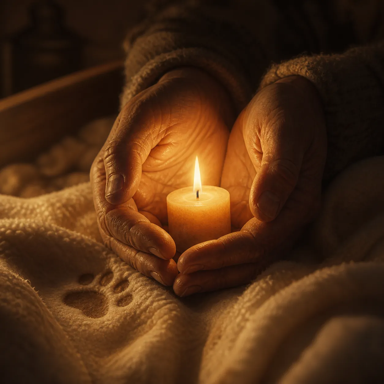 Weary hands cradling a small candle on a soft blanket, paw prints pressed into the fabric.